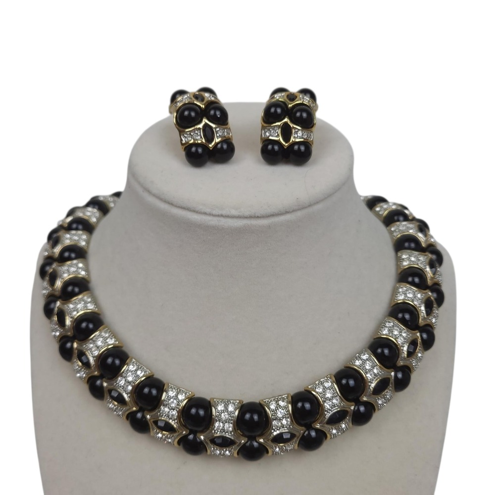 Vintage Black Stone Agate Collar Necklace Earrings Set Gold Tone Crystals Beaded
